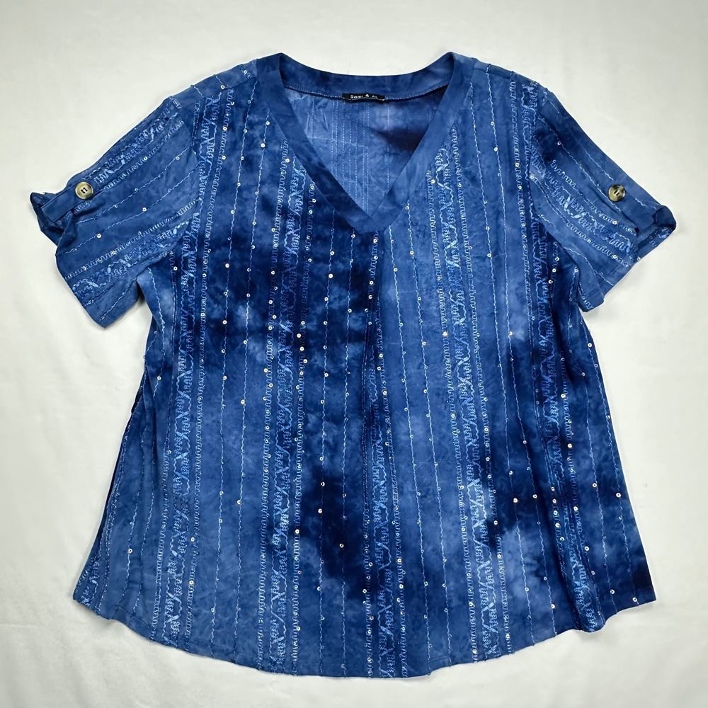 Sami & Jo Womens Blue Tie‎ Dye Sequin Embroidered V-Neck Blouse Short Sleeve Top